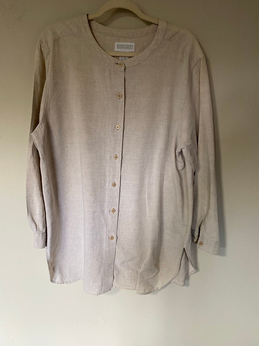 Vintage Lands End Beige Cotton Linen Mandarin Collar Long Sleeve Tunic 14-16
